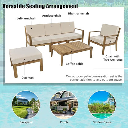 Merax 6-Piece Outdoor Sectional Conversation Sofa Seat Cushions Acacia Wood Frame Furniture Sets with Coffee Table and Ottoman for Garden Backyard Patio and Poolside, Beige