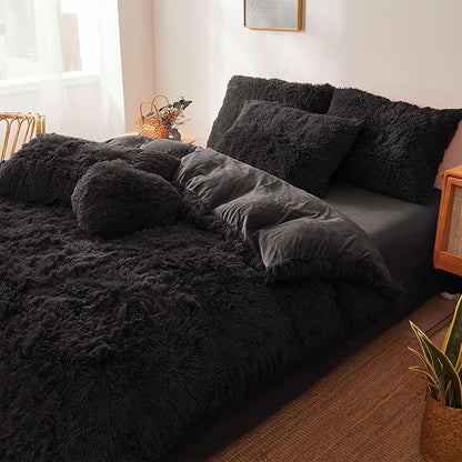 FOPPA Black fluffy Comforter Cover Set king- Ultra Soft fluffy Black Bedding Sets 3 Pieces (1 Duvet Cover + 2 Pillow case) pink fluffy bed set (Black, King)