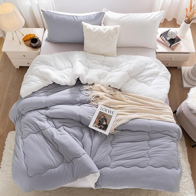COTTEBED Grey White Warm Reversible Comforter Sets King Size Bed, Winter Milk Cup Super Soft Breathable Fluffy 1 Bedding Down Alternative Comrter & 2 Pillowcase California Cal/King