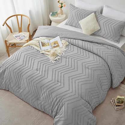 CozyLux Full Size Comforter Set Light Grey - 3 Pieces Boho Tufted Shabby Chic Bedding Comforter Set for All Seasons, Chevron Bedding Sets with Comforter & 2 Pillow Shams