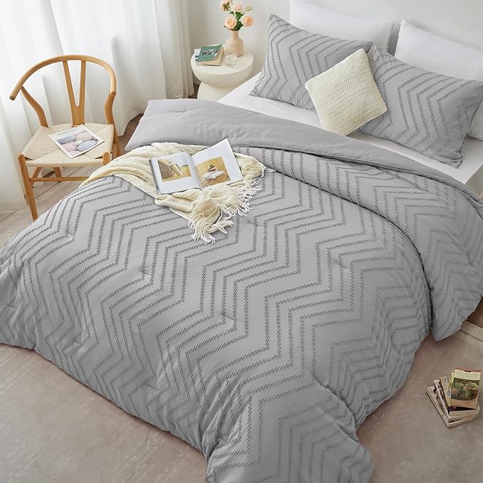 CozyLux Queen Comforter Set Light Grey - 3 Pieces Boho Tufted Shabby Chic Bedding Comforter Set for All Seasons, Chevron Bedding Sets with Comforter & 2 Pillow Shams