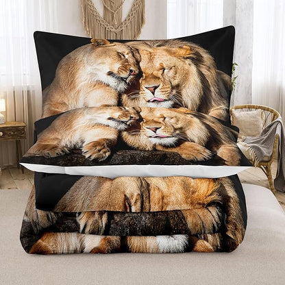 Bodhi Lover Couple Lion Comforter Set Twin Soft Microfiber Lion Bedding Set Twin Size Animal Comforter Set with Pillowcases,1 Comforter+1 Pillow Shams #4004