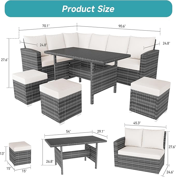 IDEALHOUSE 7 Pieces Outdoor Dining Set,Patio Sectional Sofa Conversation Set All Weather Wicker Rattan Couch Dining Table & Chair with Ottoman Beige