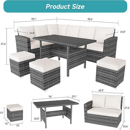 IDEALHOUSE 7 Pieces Outdoor Dining Set,Patio Sectional Sofa Conversation Set All Weather Wicker Rattan Couch Dining Table & Chair with Ottoman Beige