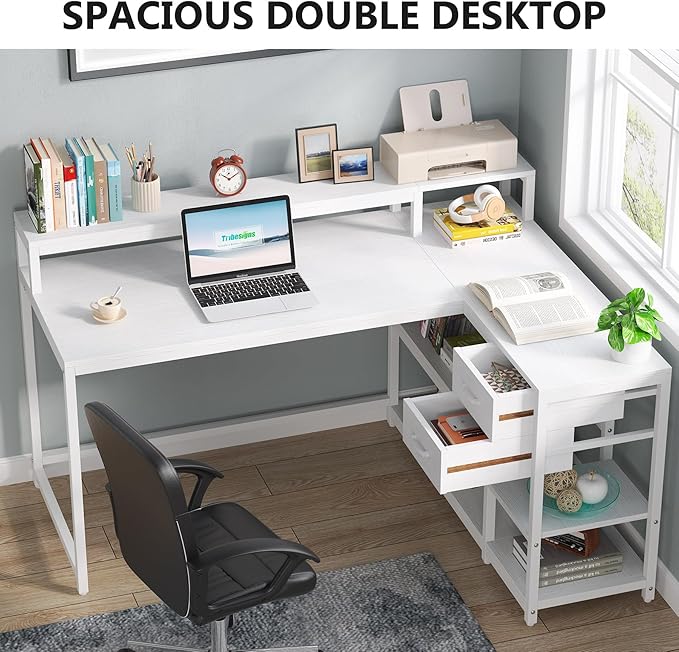 Reversible L-Shaped Computer Desk with hutch & Shelf,white