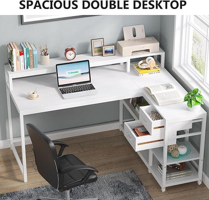 Reversible L-Shaped Computer Desk with hutch & Shelf,white