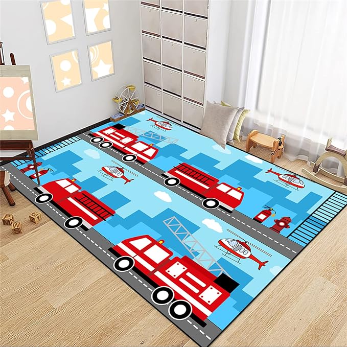 Car Rug Play Mat Car Rug Play Mat Car Rug for Boys Room Fire Fighting Truck Red Car Printed Rug Play Rug for Cars and Trucks Play Rugs for Kids Rooms,Light Blue 3'×4'