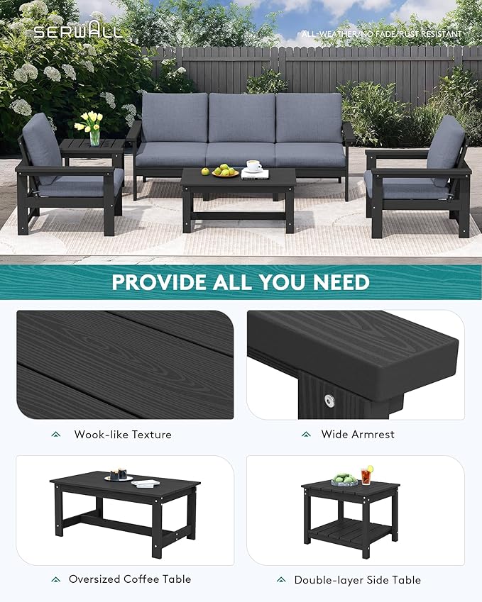 SERWALL HDPE Patio Coversation Set, 7-piece Outdoor Sectional Sofa Set, All Weather Patio Couch Set Patio Furniture for Balcony, Deck, Black Frame with Grey Cushion