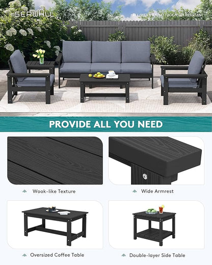SERWALL HDPE Patio Coversation Set, 7-piece Outdoor Sectional Sofa Set, All Weather Patio Couch Set Patio Furniture for Balcony, Deck, Black Frame with Grey Cushion
