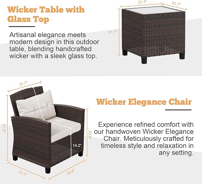 Shintenchi 3 Pieces Patio Furniture Set 3 Pieces PE Rattan Wicker Chairs with Table Outdoor Furniture for Backyard/Garden/Poolside/Outdoor Restaurant Brown Rattan with White Cushion