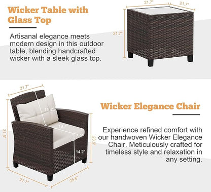 Shintenchi 3 Pieces Patio Furniture Set 3 Pieces PE Rattan Wicker Chairs with Table Outdoor Furniture for Backyard/Garden/Poolside/Outdoor Restaurant Brown Rattan with White Cushion