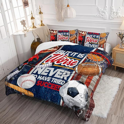 Axolotl Sports Comforter Set Full Size,Sports Theme Comforter Set Football Baseball Bedding Set,Sports Bedding Set 3D Soccer Comforter Set Basketball Bedding for Kids Boys Teens,1 Quilt 2 Pillowcases