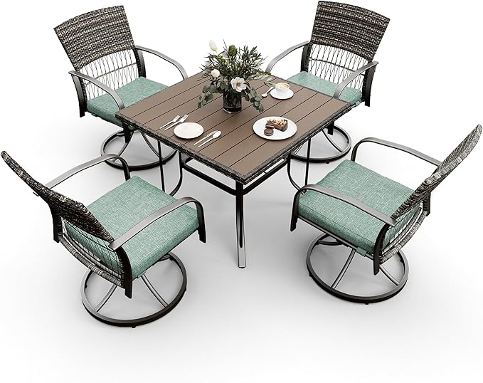 Pamapic 5 Piece Patio Dining Set for 4,Wicker Outdoor Furniture Set for Backyard Garden Deck Poolside with Square Plastic-Wood Table Top,4 Cushions Swivel Rocker Chairs,Removable Cushions(Green)