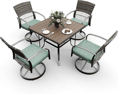 Pamapic 5 Piece Patio Dining Set for 4,Wicker Outdoor Furniture Set for Backyard Garden Deck Poolside with Square Plastic-Wood Table Top,4 Cushions Swivel Rocker Chairs,Removable Cushions(Green)