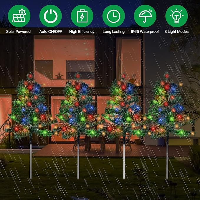 Outdoor Christmas Decorations 6-Pack Solar Christmas Tree with 8 Lighting Modes 120 Multi-Color Lights for House Outside Pathway Yard Garden Walkway Lawn Patio Front Porch Door