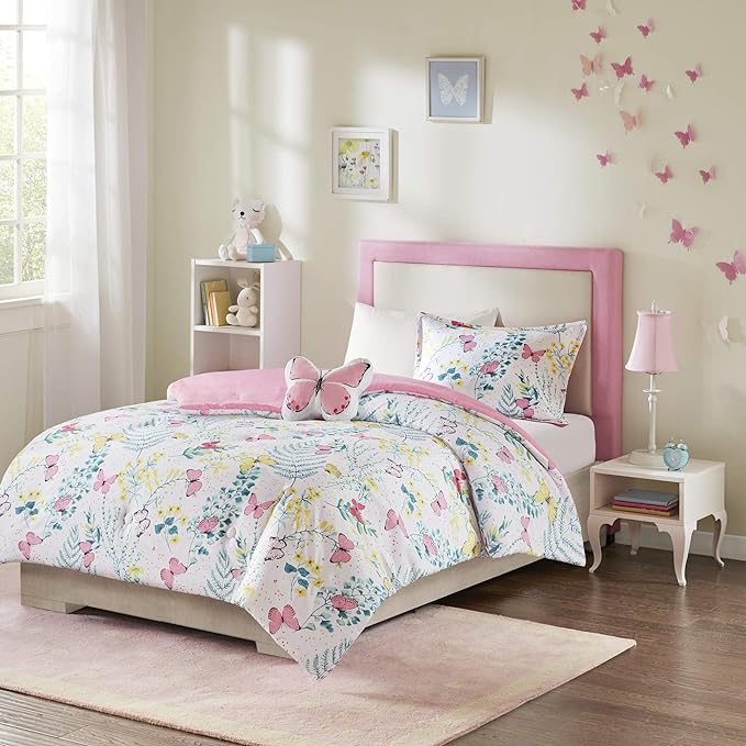Mi Zone Kids Cynthia Comforter for Girls Microfiber Animal Butterfly Print, Modern All Season Down Alternative Kids Bed Set, Matching Sham, Decorative Pillow, Twin, Pink 3 Piece