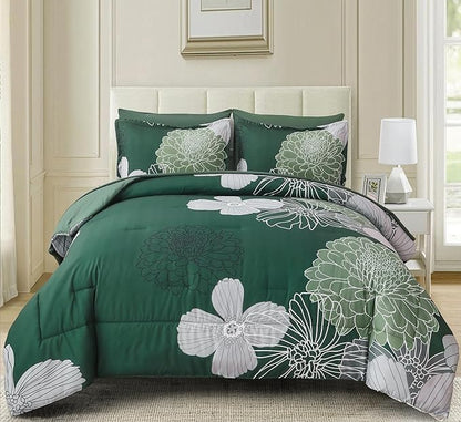 Yiran 7 Pieces Queen Floral Comforter Set,Emerald Green Bed in a Bag Flowers Comforter,Soft Microfiber Bedding Set with Comforter, Sheets, Pillowcases & Shams 90"×90"