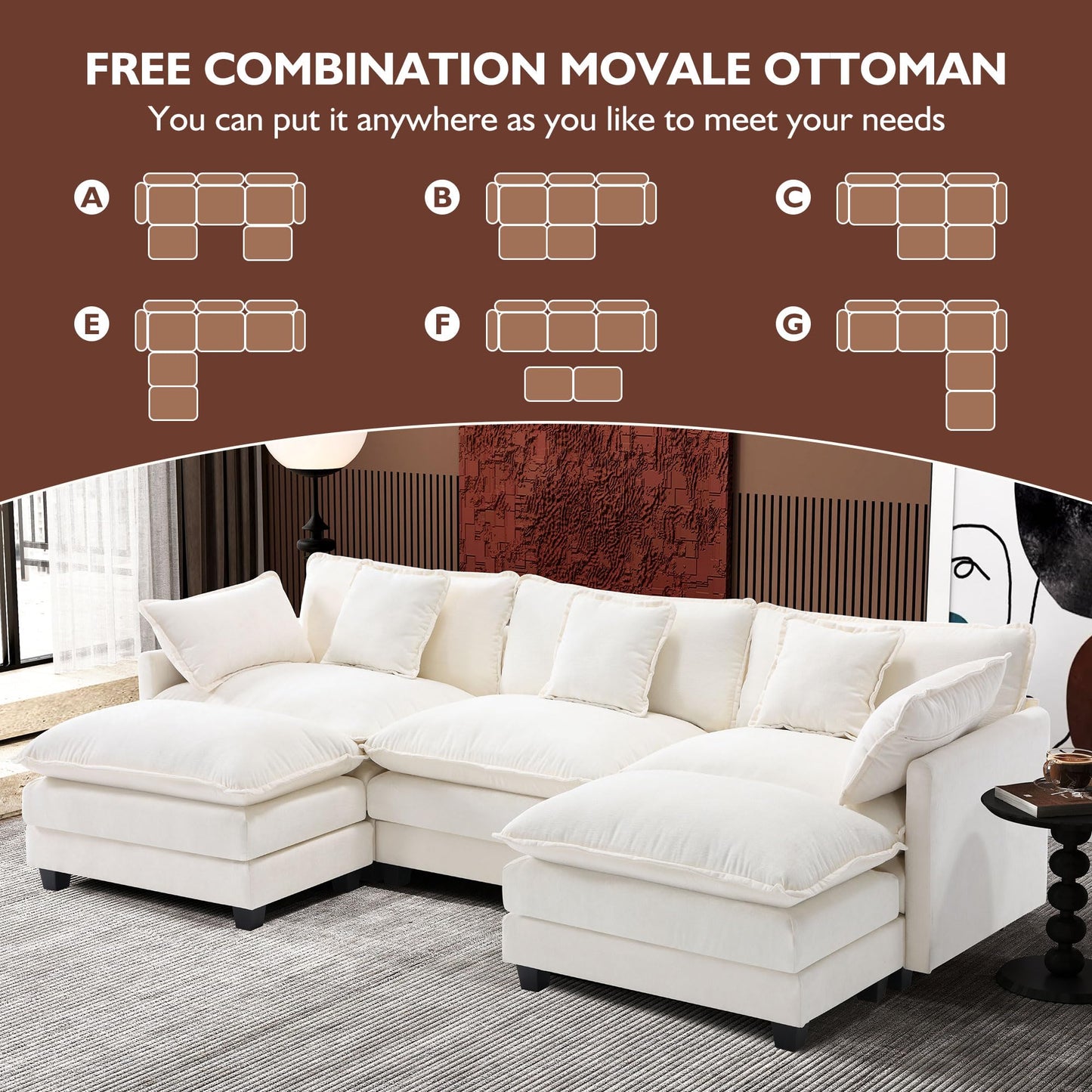 Ihanherry 111.4" L Shaped Modern Sofa Modular Sectional Cloud Couch with Ottoman, 4-Seat Chenille Deep Seat Sofa with Pillow for Living Room, Bedroom and Apartment, Beige