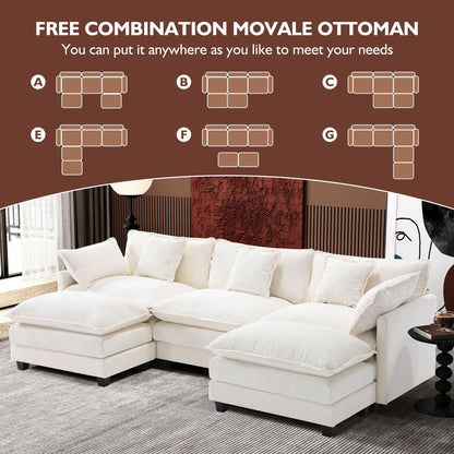 Ihanherry 111.4" L Shaped Modern Sofa Modular Sectional Cloud Couch with Ottoman, 4-Seat Chenille Deep Seat Sofa with Pillow for Living Room, Bedroom and Apartment, Beige