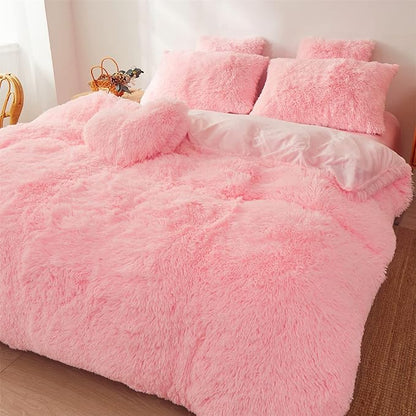 Fluffy Faux Fur Pink Comforter Cover Set Queen - Ultra Soft Plush Pink Bedding Sets 3 Pieces (1 fluffy duvet cover + 2 Faux Fur Pillow case) Cute Pink Bed Set (Light Pink, Queen)