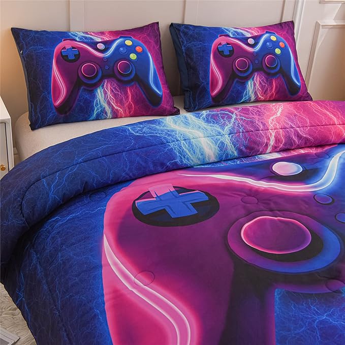 Meeting Story Gamer Gaming Bedding Sets Red Blue Lightnings Gamepad Comforter Set for Boys Games Console Action Buttons Novelty Colorful Modern Room Decor Home Quilt Set (Blue-Purple, Queen)