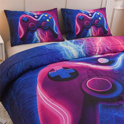 Meeting Story Gamer Gaming Bedding Sets Red Blue Lightnings Gamepad Comforter Set for Boys Games Console Action Buttons Novelty Colorful Modern Room Decor Home Quilt Set (Blue-Purple, Queen)