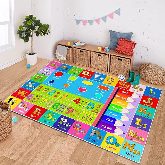 Kids Alphabet Play Game Rug - 3' 3" x 5' 3" ABC Numbers and Shapes Educational Learning Toddler Carpet - Kids Room Playroom Classroom Kindergarten Activity Fun Soft Non-Slip Mat