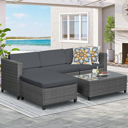 5 Piece Outdoor Patio Sectional Furniture Set, Weather Resistant Rattan Outside Couch, Waterproof Conversation Sofa for Balcony, Porch, Backyard, Deck, Garden, Grey