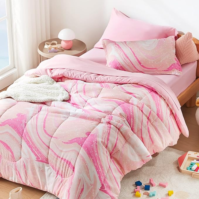 SLEEP ZONE Kids Bedding Comforter Set Full/Queen Size - 7 Pieces Super Cute & Soft Bedding Sets & Collections with Comforter, Sheet, Pillowcase & Sham - Fade Resistant Easy Care (Ice Cream Pink)