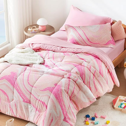 SLEEP ZONE Kids Twin Bedding Comforter Set - 5 Pieces Super Cute & Soft Bedding Sets & Collections with Comforter, Sheet, Pillowcase & Sham - Fade Resistant Easy Care (Ice Cream Pink)
