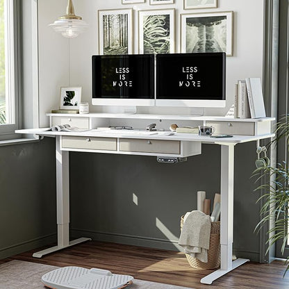 BANTI Height Adjustable Electric Standing Desk with 4 Drawers, 63 x 24 Inch Table with Storage Shelf, Sit Stand Desk, White Top