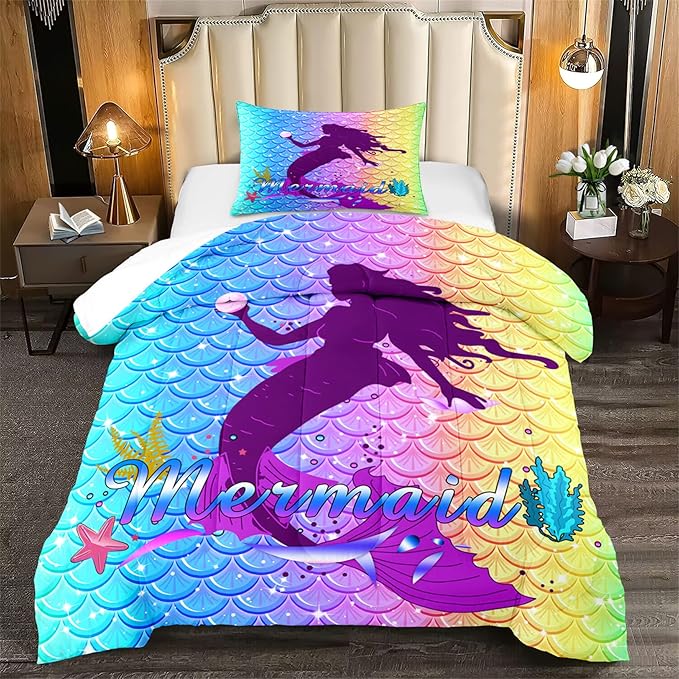 Mermaid Comforter Set Twin Fish Scale Patterns Printed Twin Bed Comforter Sets for Girls 2 Piece Kids All Season Ultra Soft MIcrofiber Mermaid Bedding Set Quilted Duvet with 1 Pillowcase, Twin Size