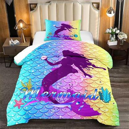 Mermaid Comforter Set Twin Fish Scale Patterns Printed Twin Bed Comforter Sets for Girls 2 Piece Kids All Season Ultra Soft MIcrofiber Mermaid Bedding Set Quilted Duvet with 1 Pillowcase, Twin Size
