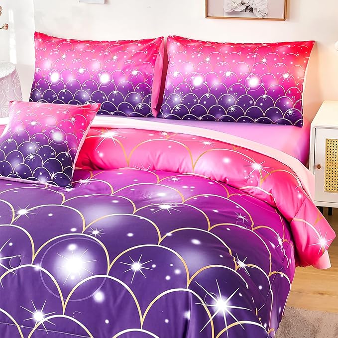 URBONUR Purple Glitter Comforter Set Queen Size for Girls 6 Piece Bed in A Bag Comforter with Sheets Set, Gradient Pink Purple Sparkle Mermaid Fish Scales Bedding Comforter Set