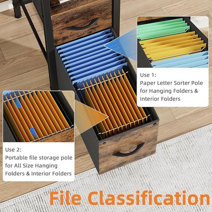 47'' Office Desk with 4 Fabric File Drawers - File Drawer Organization, Computer Work Desk, Study Writing Table, Home Office Workstation, Rustic Brown