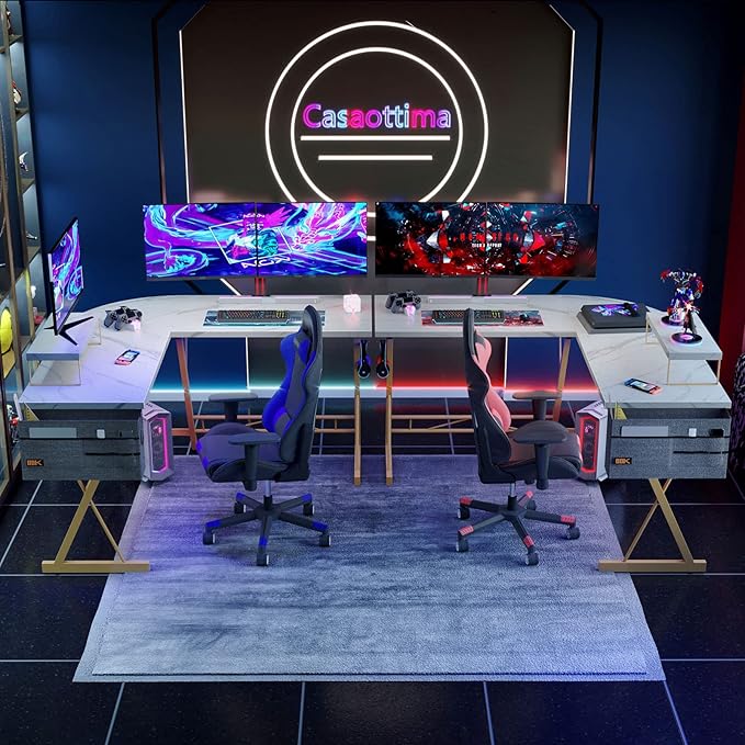 Casaottima L Shaped Gaming Desk, Home Office Desk with Round Corner, Computer Desk with Large Monitor Stand Desk Workstation