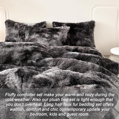 WINLIFE Shaggy Comforter Set Twin Grey for Boys Teens Faux Fur Bedding Sets Flannel Furry Comforter Plush Comforter Sets Gradient Ombre Tie Dye Bed Sets (3Pcs, Twin, Dark Grey)