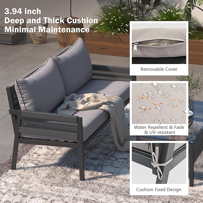 4-Piece Patio Conversation Furniture Set, Rope Weave Outdoor Loveseat Sofa with 2 Armchairs, Thick Cushion&Tempered Glass Table, for Garden Backyard, Onesize, Gray