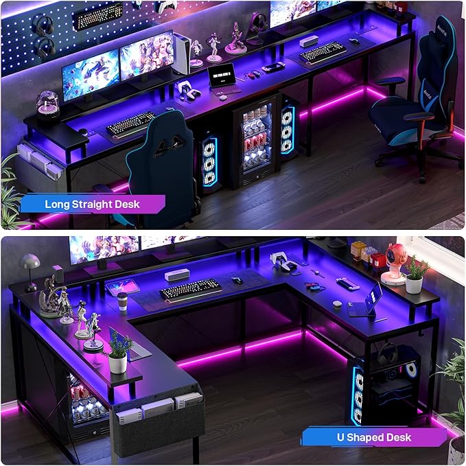 U Shaped Computer Gaming Desk, Reversible L Shaped Desk with Power Outlets, LED Strip & Monitor Stand, Large Corner Desk with Storage Shelves for Home Office, Black