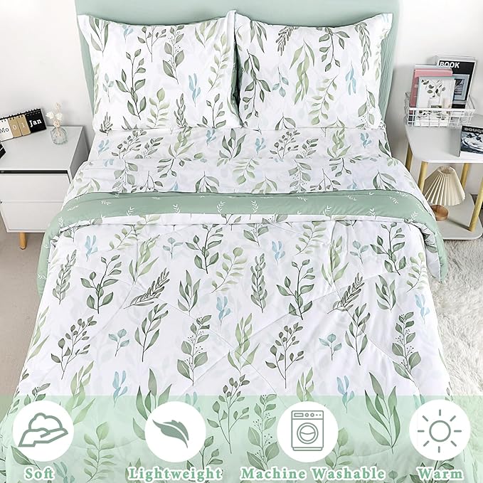 DILIMI Twin Comforter Set for Girls, Reversible 5 Pieces Comforter Twin Size Bed, Green Leaf Ultra Soft Twin Bedding Sets with Comforter, Flat Sheet, Fitted Sheet, 2 Pillowcase