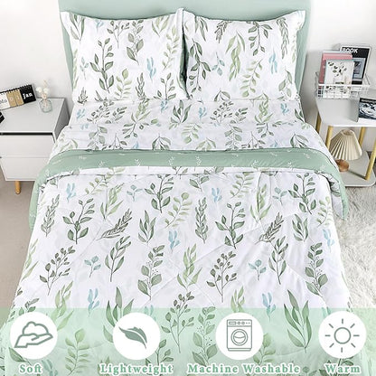 DILIMI Full Size Comforter Set for Girls, 5 Pieces Reversible Comforter Full Size, Ultra Soft Green Leaf Full Size Bed Comforter Sets with Sheet, Comforter, Flat Sheet, 2 Pillowcase