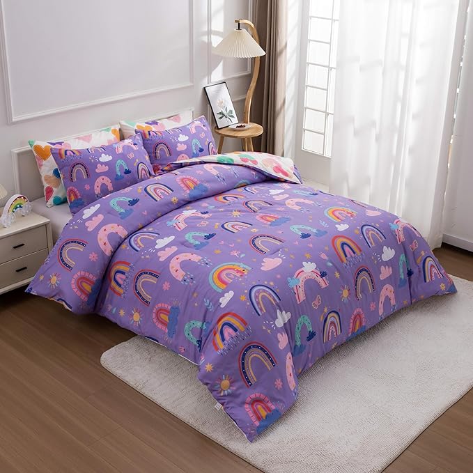 Btargot Lightweight Soft 3 Piece Rainbow Comforter Set with 2 Pillow Covers, Cartoon Love Hearts Flowers and Sun Star Bedding Set for Girls Boys Kids, Twin Dark Purple