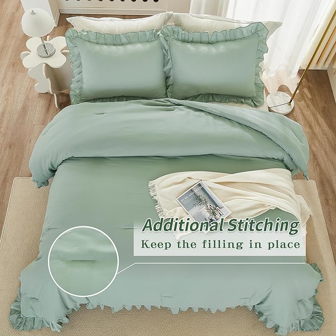 Andency Sage Green California King Comforter Set, 3 Pieces Farmhouse Shabby Chic Cal King Size Ruffle Bed Set, Oversized Soft Lightweight Microfiber Bedding Set
