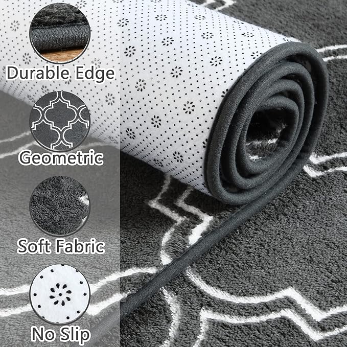 Chicrug Shag Geometric Modern Runner Rug for Bedroom, 2x6 Feet Memory Foam Indoor Hallway Runner Carpet, Fluffy Rug for Living Room Bedside Room Decor for Family, Dark Grey/White
