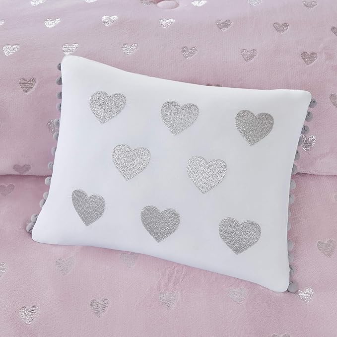 Mi Zone Rosalie Comforter Set for Girls, Ultra-Soft Microlight Plush Metallic Printed Hearts Brushed Reverse Overfilled Down Alternative Hypoallergenic All Season, Twin/Twin XL, Pink/Silver, 3 Piece