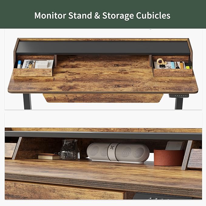 FEZIBO Standing Desk Adjustable Height with Drawers, 48 x 25 Inch Stand Up Desk with Storage Shelf, Electric Standing Desk with Storage Space, Rustic Brown Top/Black Frame