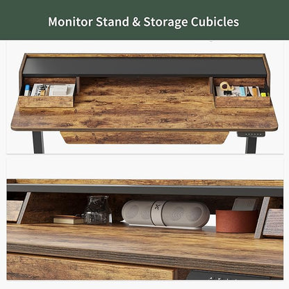 FEZIBO Standing Desk Adjustable Height with Drawers, 48 x 25 Inch Stand Up Desk with Storage Shelf, Electric Standing Desk with Storage Space, Rustic Brown Top/Black Frame