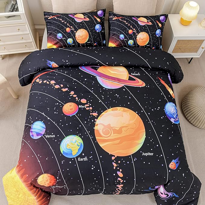 Solar System Comforter Set Queen Outer Space Room Decor Bedding Set 3 Pieces 1 Planets Theme Comforter and 2 Pillow Shams for Boys Kids Ultra-Soft Microfiber All Seasons for Bedroom Sofa