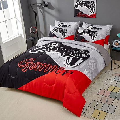 Gaming Comforter Sets for Kids Teen Boys,Video Games Controller Pattern Bedding Set for Room Decor, Queen Size 3-Piece Reddish Black Gamer Comforter with Pillowcase,All Season(Red,Queen)