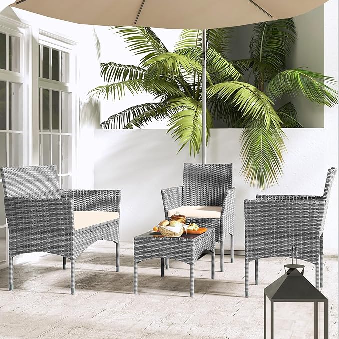 Patio Furniture, 4 Piece Conversation Set, Outdoor Wicker Rattan Table and Chairs, Sectional Sofa with Thick Cushion for Garden, Yard, or Porch, Grey